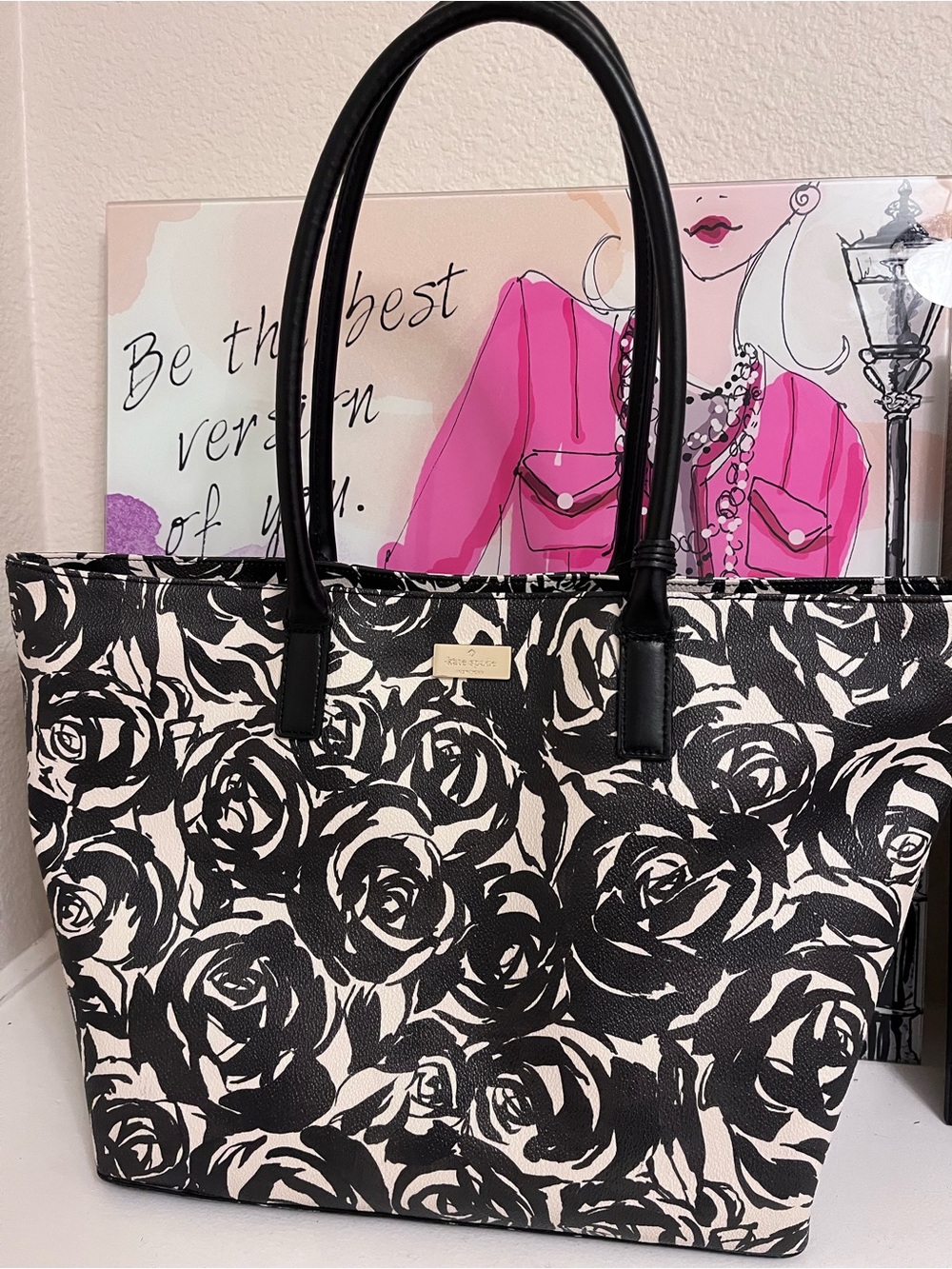 kate spade Black & Cream Rose-Print Tote